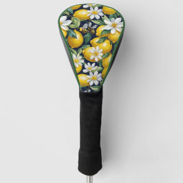 忙しい蜂と白い花が咲くフレッシュな黄色のレモン ゴルフヘッドカバー