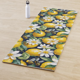 忙しい蜂と白い花が咲くフレッシュな黄色のレモン ヨガマット