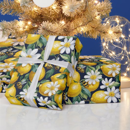 忙しい蜂と白い花を伴った新鮮な黄色のレモン ラッピングペーパー (クリスマス)