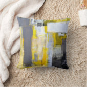 「忙しく、忙しい」灰色および黄色の抽象美術 クッション (ブランケット)