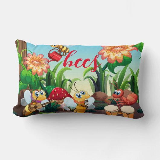 忙し庭で働くミツバチ ランバークッション (正面)