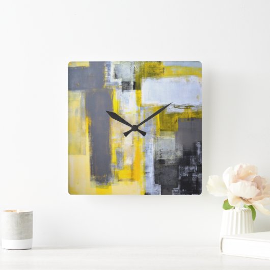 「忙し、忙し」グレーと黄色の抽象芸術アート スクエア壁時計 (ホーム)