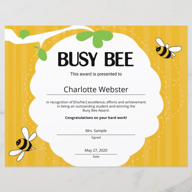 忙しBee CertificateStudent RecognitionCertificate (正面)