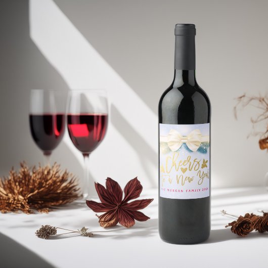 応援から新年のスクリプトブルー金ゴールドリボンパイン ワインラベル