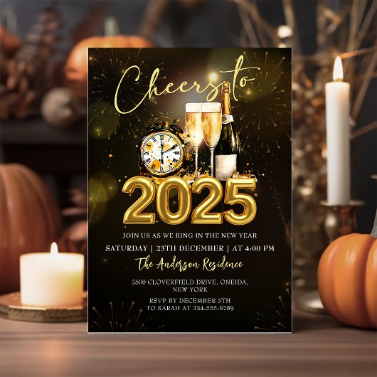 応援から新年のパーティー2025金ゴールドシャンパン 招待状