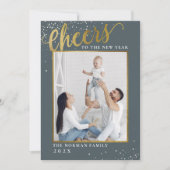 応援から新年の灰色の金ゴールドグリッター写真 シーズンカード (正面)