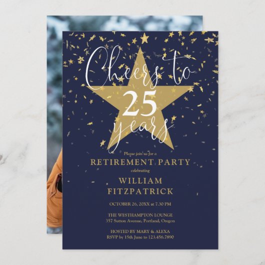 応援から海軍と金ゴールドの写真の退職パーティー 招待状 (正面/裏面)