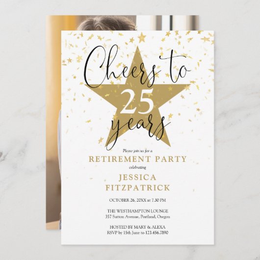 応援から金ゴールド星へ写真退職パーティー 招待状 (正面/裏面)