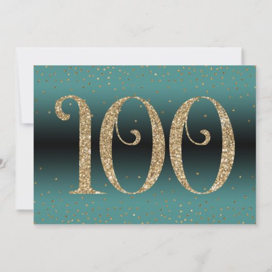 応援から100年サプライズ誕生日ティール(緑がかった色)と金ゴールド 招待状 (裏面)