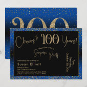 応援から100年サプライズ誕生日、青 招待状 (正面/裏面)