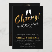 応援から100年シック金ゴールドブラック誕生日写真 招待状 (正面/裏面)