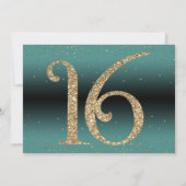 応援から16年サプライズ誕生日ティール（緑がかった色）と金ゴールド 招待状 (裏面)