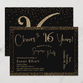 応援から16年サプライズ誕生日金ゴールドとブラック 招待状 (正面/裏面)