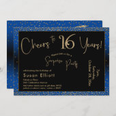 応援から16年サプライズ誕生日金ゴールド&ブルー 招待状 (正面/裏面)