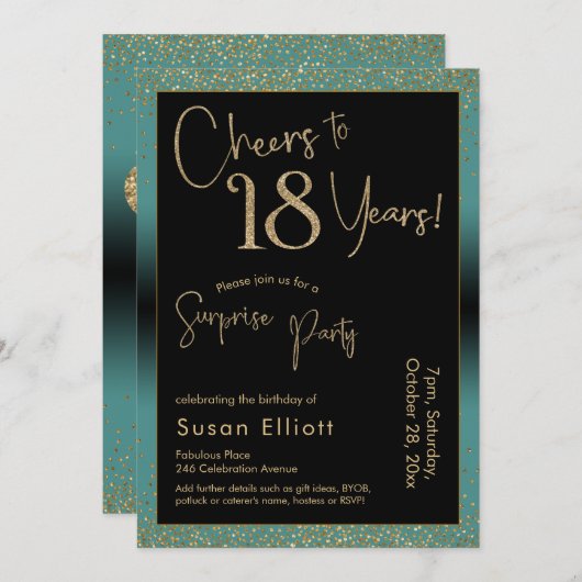応援から18年サプライズ誕生日パーティー、ティール（緑がかった色） 招待状 (正面/裏面)