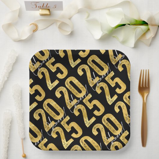 応援から2025金ゴールドタイポグラフィ年始パーティー ペーパープレート (ウェディング)