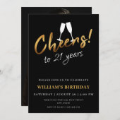 応援から21年金ゴールド黒成人誕生日写真 招待状 (正面/裏面)