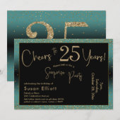 応援から25年サプライズ誕生日ティール(緑がかった色)と金ゴールド 招待状 (正面/裏面)
