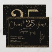 応援から25年サプライズ誕生日金ゴールドとブラック 招待状 (正面/裏面)