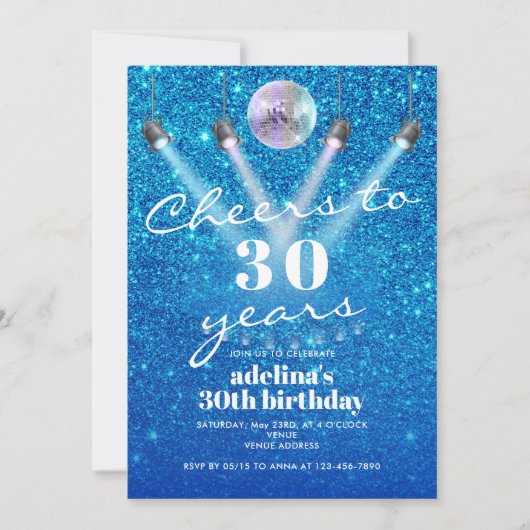 応援から30年ブルーグラムディスコレトロ誕生日 招待状 (正面)