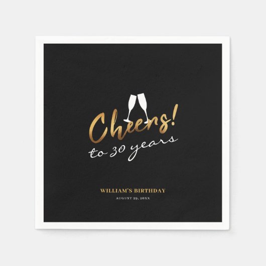 応援から30年金ゴールドブラック大人誕生日写真 スタンダードカクテルナプキン (正面)