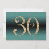 応援から30年間のサプライズ誕生日ティール(緑がかった色)と金ゴールド 招待状 (裏面)