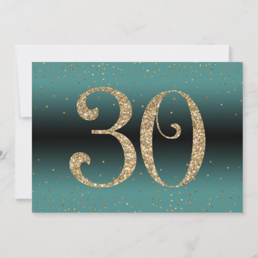 応援から30年間のサプライズ誕生日ティール（緑がかった色）と金ゴールド 招待状 (裏面)