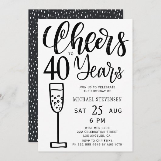 応援から40年の白黒の誕生日パーティー 招待状 (正面/裏面)