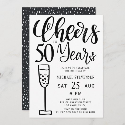応援から50年の白黒の誕生日パーティー 招待状 (正面/裏面)