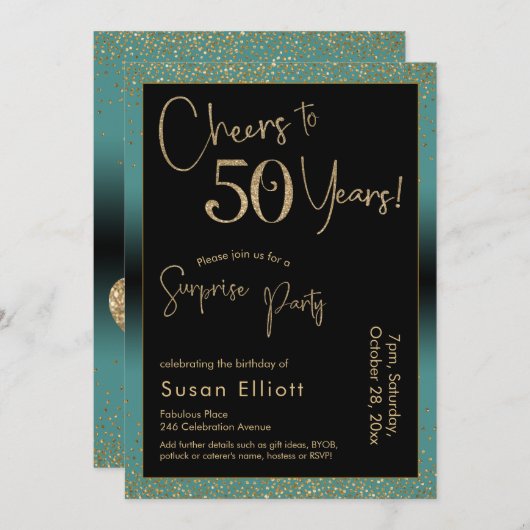 応援から50年サプライズ誕生日パーティー、ティール（緑がかった色） 招待状 (正面/裏面)