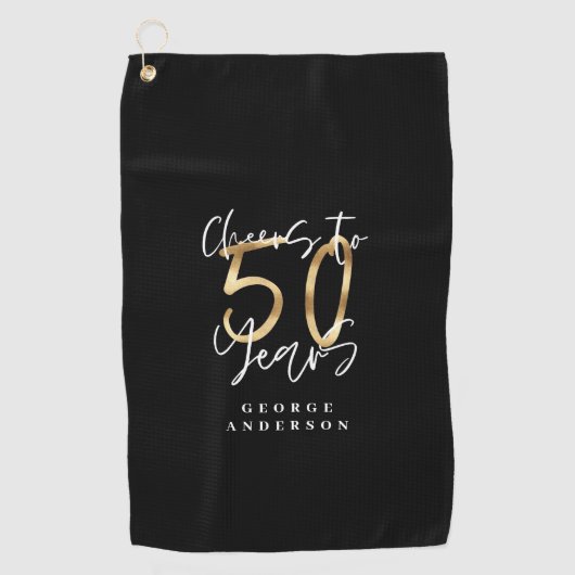 応援から50年モダンのブラックと金ゴールド ゴルフタオル (正面)