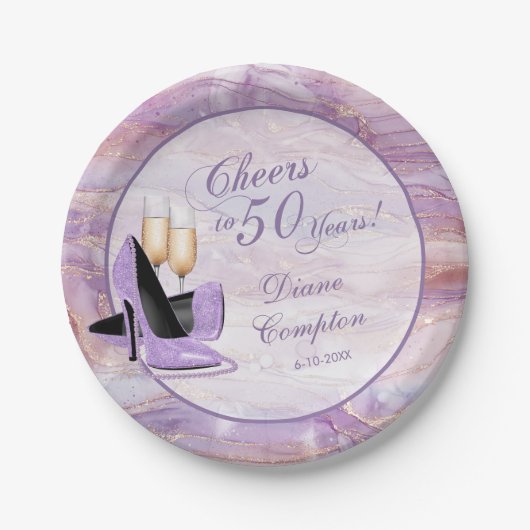 応援から50年ラベンダー金ゴールド誕生日 ペーパープレート (正面)