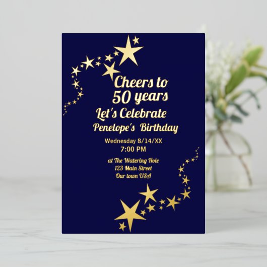 応援から50年海軍と金ゴールドスター誕生日 箔招待状 (立ち正面)