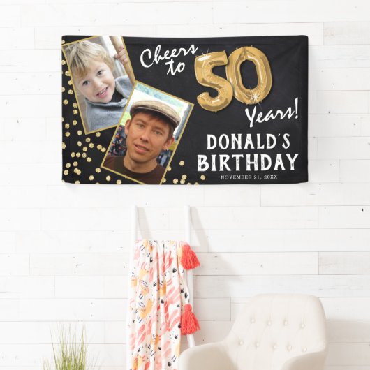 応援から50年金ゴールドバルーン2フォト誕生日 横断幕 (インサイチュ)