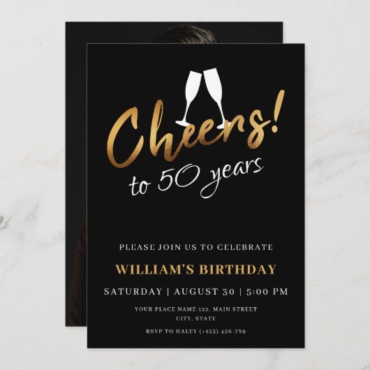応援から50年金ゴールドブラック大人誕生日写真 招待状 (正面/裏面)