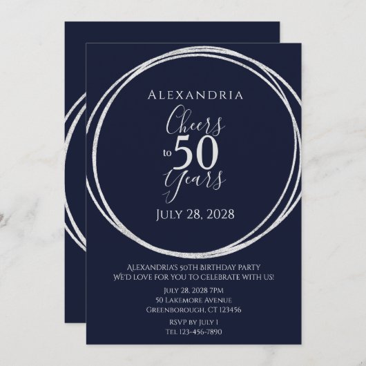 応援から50歳の誕生日パーティー海軍シルバー 招待状 (正面/裏面)