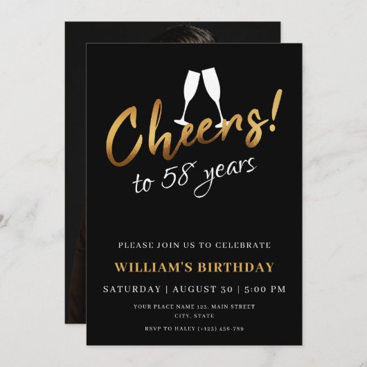 応援から58年金ゴールドブラック大人誕生日写真 招待状 (正面/裏面)