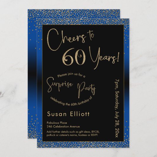 応援から60年の驚きの誕生日金ゴールドとブルー 招待状 (正面/裏面)