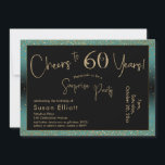 応援から60年サプライズ誕生日ティール（緑がかった色）と金ゴールド 招待状<br><div class="desc">2つの特徴的なフォントを使用して、私はあなたの発表のためのグラフィックを作成し、フェスティバルの雰囲気のためのメタリックフェイク金ゴールド効果でそれらを飾った。各パーツはニーズに合わせのまわりにて移動できるが読、ヘッダー「60年への応援!」「サプライズパーティー」。(「サプライズ」は取り除くもしことができ、パーティーは取り除かれない。 すべての文字は、ティール（緑がかった色）の背景をオーバーレイする黒い長方形の上に配置された。金ゴールド紙吹雪と微妙な黒グラデーションいオーバーレイが効縁ど果を完成。背景色を好きな色に変更！// 130   131 //</div>