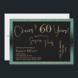応援から60年サプライズ誕生日ティール（緑がかった色）と金ゴールド 招待状<br><div class="desc">2つの特徴的なフォントを使用して、私はあなたの発表のためのグラフィックを作成し、フェスティバルの雰囲気のためのメタリックフェイク金ゴールド効果でそれらを飾った。各パーツはニーズに合わせのまわりにて移動できるが読、ヘッダー「60年への応援!」「サプライズパーティー」。(「サプライズ」は取り除くもしことができ、パーティーは取り除かれない。 すべての文字は、ティール（緑がかった色）の背景をオーバーレイする黒い長方形の上に配置された。金ゴールド紙吹雪と微妙な黒グラデーションいオーバーレイが効縁ど果を完成。背景色を好きな色に変更！// 130   131 //</div>