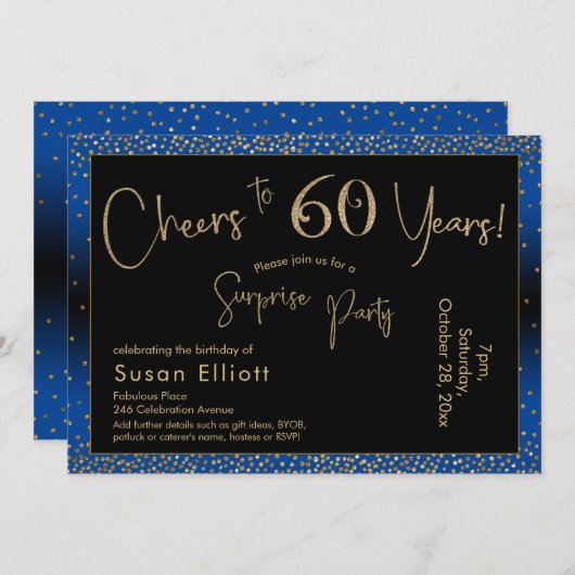 応援から60年サプライズ誕生日金ゴールドとブルー 招待状 (正面/裏面)