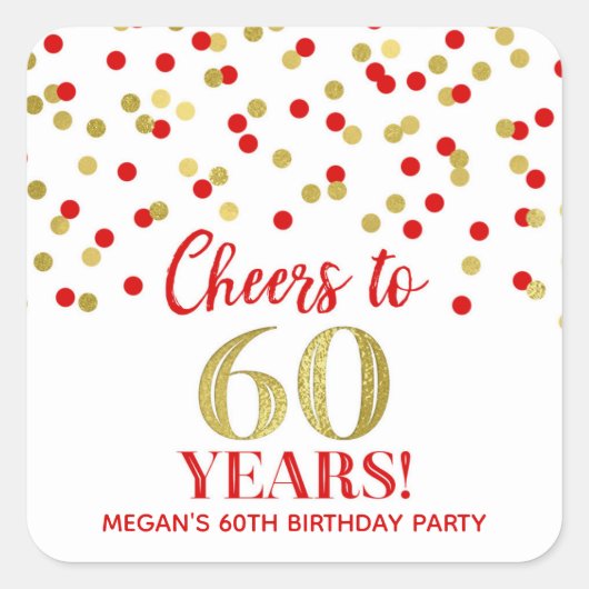 応援から60年誕生日金ゴールド赤紙吹雪 スクエアシール (正面)