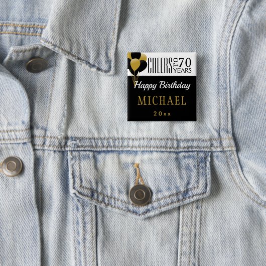 応援から70または任意の年齢誕生日バルーンの正方形 缶バッジ (インサイチュ)