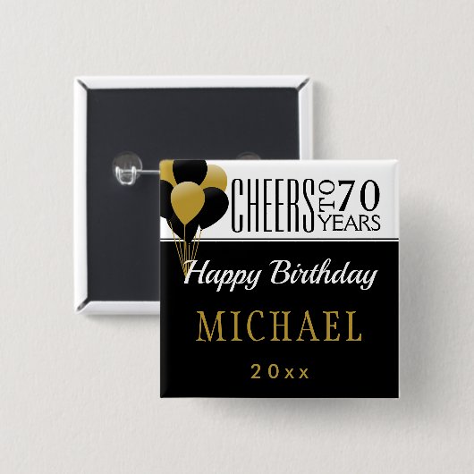 応援から70または任意の年齢誕生日バルーンの正方形 缶バッジ (正面&裏面)
