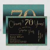 応援から70年サプライズ誕生日ティール（緑がかった色）と金ゴールド 招待状 (正面/裏面)