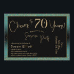 応援から70年サプライズ誕生日ティール（緑がかった色）と金ゴールド 招待状<br><div class="desc">2つの特徴的なフォントを使用して、私はあなたの発表のためのグラフィックを作成し、フェスティバルの雰囲気のためのメタリックフェイク金ゴールド効果でそれらを飾った。各パーツはニーズに合わせのまわりにて移動できるが読、ヘッダー「70年への応援!」「サプライズパーティー」。(「サプライズ」は取り除くもしことができ、パーティーは取り除かれない。 すべての文字は、ティール（緑がかった色）の背景をオーバーレイする黒い長方形の上に配置された。金ゴールド紙吹雪と微妙な黒グラデーションいオーバーレイが効縁ど果を完成。背景色を好きな色に変更！// 130   131 //</div>