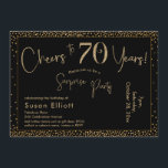 応援から70年サプライズ誕生日金ゴールドとブラック 招待状<br><div class="desc">2つの特徴的なフォントを使用して、私はあなたの発表のためのグラフィックを作成し、フェスティバルの雰囲気のためのメタリックフェイク金ゴールド効果でそれらを飾った。各パーツはニーズに合わせのまわりにて移動できるが読、ヘッダー「70年への応援!」「サプライズパーティー」。(「サプライズ」は取り除くもしことができ、パーティーは取り除かれない。 すべての文字は、別の黒縁ど色の背景を重ねる黒い長方形の上に配置された。この最も遠い黒い背景の金ゴールド紙吹雪が効果縁どを完了する。背景色を好きな色に変更！// 130,  131 //</div>