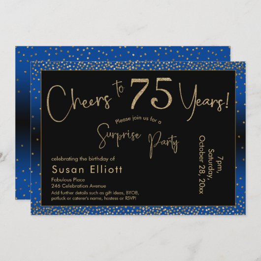 応援から75年サプライズ誕生日金ゴールドとブルー 招待状 (正面/裏面)
