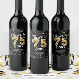応援から75年ブラック金ゴールド紙吹雪誕生日 ワインラベル
