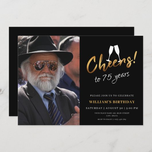 応援から75年金ゴールドブラック大人誕生日写真 招待状 (正面/裏面)